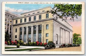 Birmingham AL~Public Library Street View W/ Automobiles~PM 1941~Linen Postcard