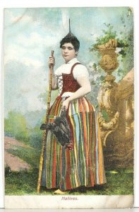 Portugal Native Woman in Folk Wear with Dead Rooster Antique Postcard K1