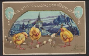 Easter Greetings Chicks background Church with Gold Glitter embossed pm1912 ~ DB