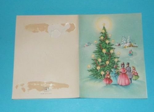 Vtg 1940's Christmas Card TOWER Tree Candles Victorian Carolers Family #101