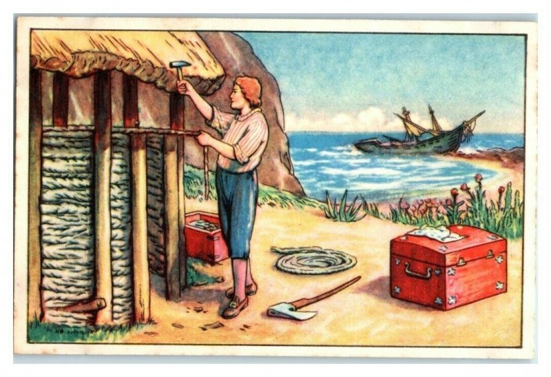 Building a Hut, Robinson Crusoe, Echte Wagner German Trade Card *VT31P