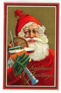 Greeting - Christmas. Santa Claus in Red Robe, Holding Toys