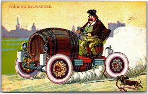 Touring Milwaukee Man Driving Barrel Car Dachshund c1912 Vintage Postcard M02