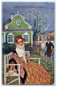 c1910's Easter Czech Republic Pretty Woman Sat On Bench Posted Antique Postcard