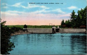 Vtg 1930s Hubbard Lake Dam Near Alpena Michigan MI Linen Postcard