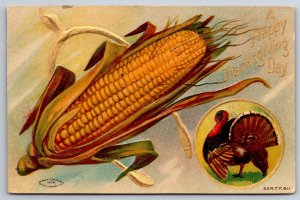 Thanksgiving~Large Ear Of Corn~Cob On Golden Wishbone~Turkey Inset~Emboss Glossy