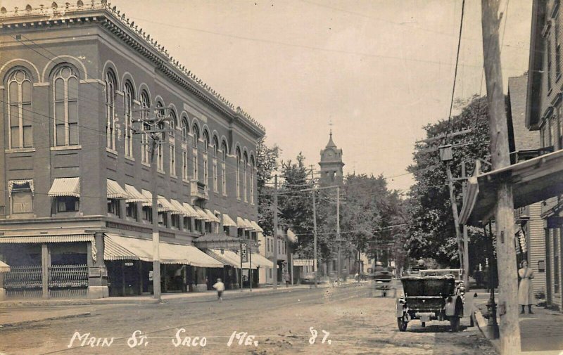 Saco ME Main Street View Storefronts Old Cars Real Photo Postcard