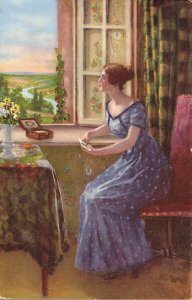 Victorian Lady Looks Out The Window Vintage Postcard  06.37