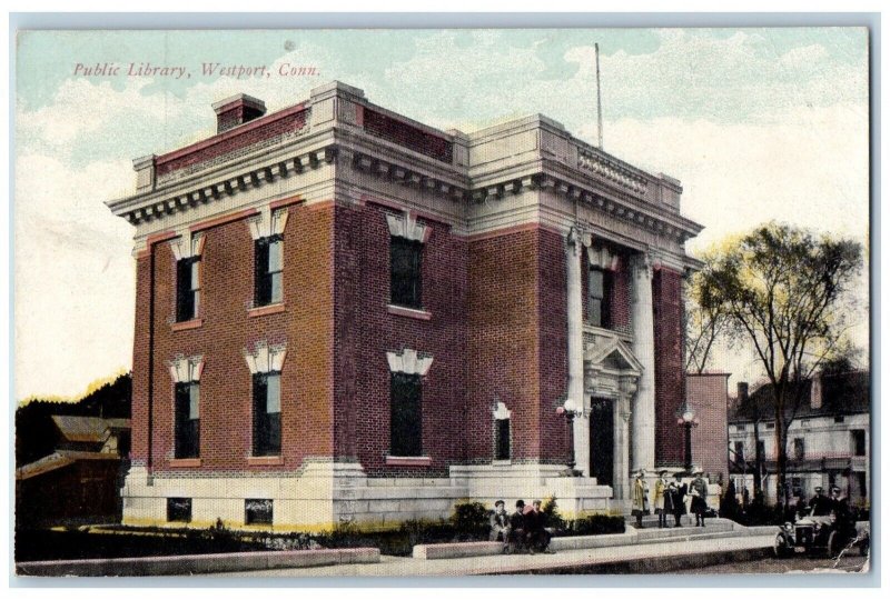 Westport Connecticut Postcard Public Library Exterior Building Classic Cars 1913