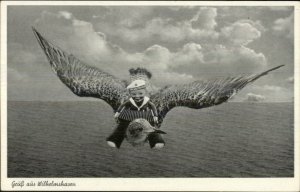 Fantasy - German Sailor Doll Flying on Bird Gruss Aus Wilhelmshaven Postcard