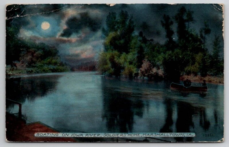 Moonlight Boating on Iowa River Soldiers Home Marshalltown IA Postcard E24