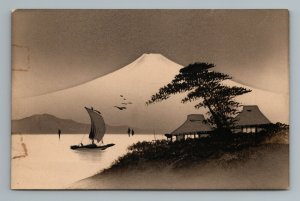 Hand Painted Mount Mt Fuji Boat Bird Mountain House Fab Japan Vintage Postcard 