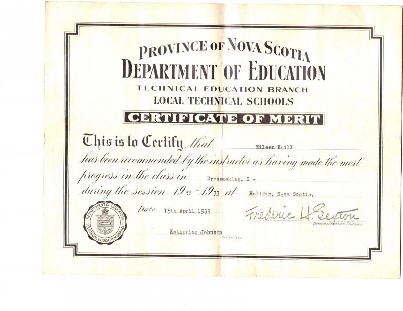 Nova Scotia Department of Education Technical Schools Certificate of Merit 1933