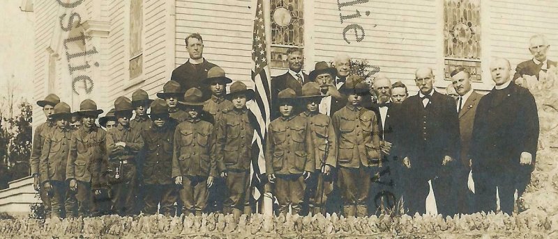 Echo Lake NEW JERSEY RPPC 1917 BOY SCOUTS Scout FLAG RAISING Ministers nr Dover