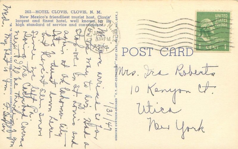 Clovis New Mexico Clovis Hotel, Flag, 1947 Linen Postcard Used