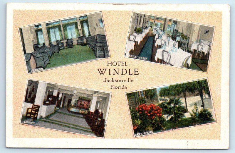 JACKSONVILLE, Florida FL ~ Lobby HOTEL WINDLE Parlor & Restaurant 1920s Postcard