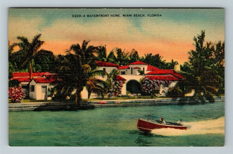 Miami Beach FL-Florida, A Waterfront Home, Linen Postcard