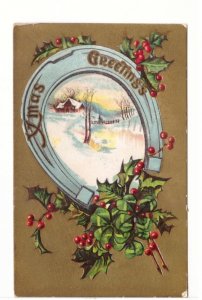 Xmas Greetings, Rural Winter Scene, Holly, 1913 Winsch Back Christmas Postcard
