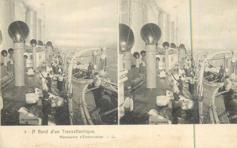 Postcard Stereographic image Transatlantic steamer cruise ship preparaisons