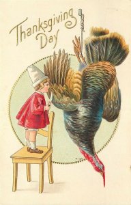 Thanksgiving, Little Girl on chair getting ready to gut a turkey, Embossed