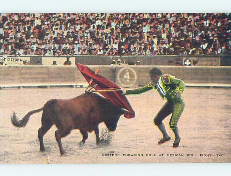 Unused Linen BULL FIGHT FIGHTING - MATADOR FIGHTS A BULL IN MEXICO p0966