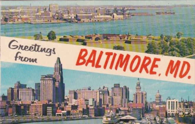 Greetings From Baltimore Maryland With Skyline and Fort McHenry 1964