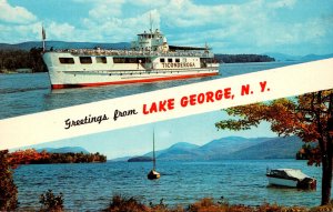 New York Lake George Greetings Showing MV Ticonderoge and The Lake