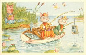 Swedish Art Postcard Dressed Cats Fishing Catch Tin of Fish, A/S Simon unposted