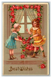 Vintage 1911 Best Wishes Postcard Cute Girls Basket of Pink Gold Lined Roses