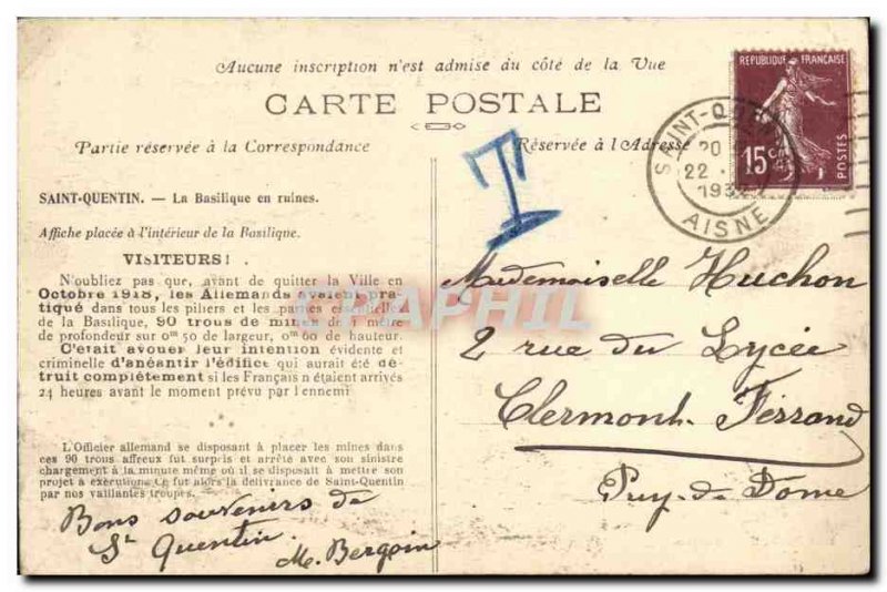Old Postcard Saint Quentin Basilica Army