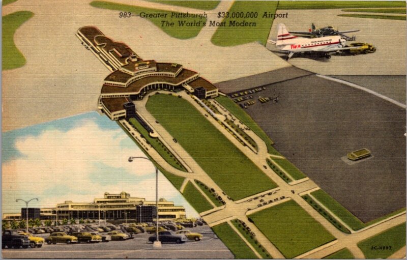 Linen Postcard Aerial View Greater Pittsburgh Airport, Pennsylvania
