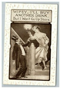 Vintage 1910's Comic Postcard - Drunk Man Comes Home to Wife - Funny