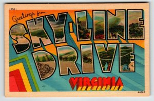 Greetings From Sky Line Drive Virginia Large Letter Linen Postcard Unposted VA