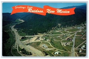 1961 Greetings From Ruidoso Aerial View Highways Hills New Mexico NM Postcard