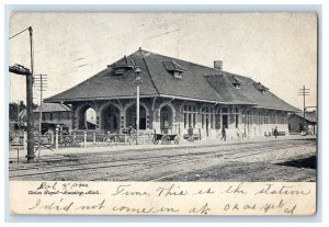 1906 Union Depot Train Station Wagon Lansing Michigan MI Antique Postcard 