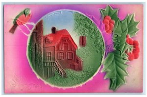 c1910's Christmas House Holly Berries Airbrushed Embossed Maple Lake MN Postcard