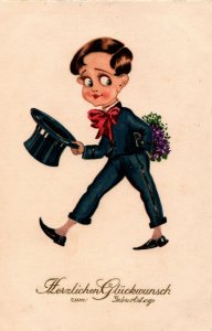 Happy New Year Nice Dressed Up Boy Flowers Vintage Postcard 08.73