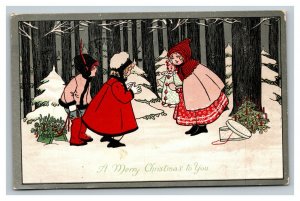 Vintage Early 1900's Christmas Postcard Comic Children Playing in Snow