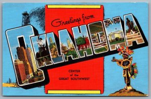 Postcard OK c1940s Greetings from Oklahoma Large Letter Multi View Linen