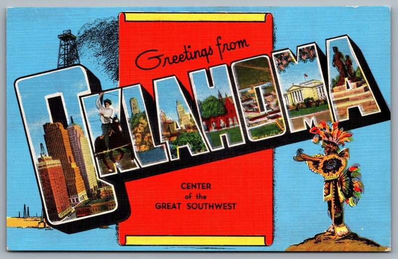 Postcard OK c1940s Greetings from Oklahoma Large Letter Multi View Linen