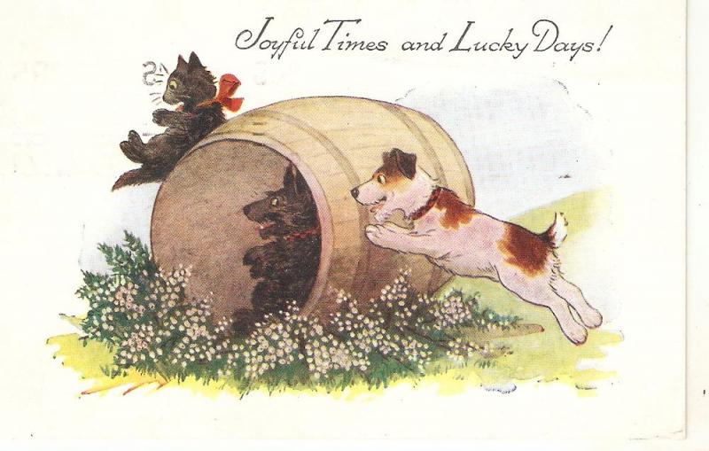\Dogs playingwith barrell\ Nice vintage English Postcard