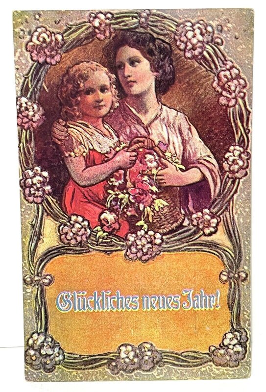Vintage German Postcard Happy New Year Floral Girl