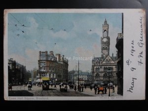 Yorkshire: Bradford Town Hall c1904 showing Trams and busy street scene