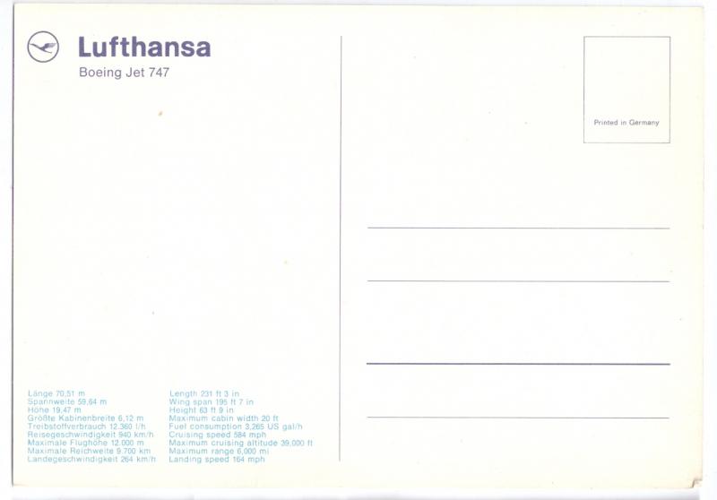 Lufthansa Boeing 747 Specifications c 1979 4X6 Jet Airplane