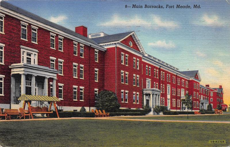 Main Barracks, Fort Meade, Maryland, Early Linen Postcard, Used in 1944