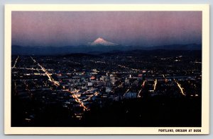 Aerial View Of Portland Oregon City Of Roses & Mt Hood @ Dusk~Vintage Postcard