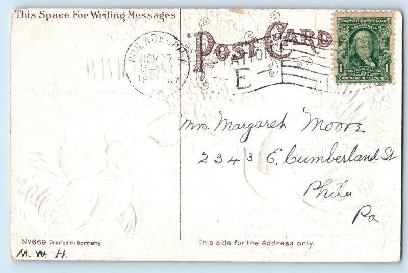 1907 Thanksgiving Greetings Turkeys And Chicken Hen Embossed Antique Postcard