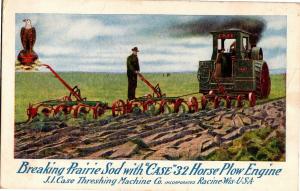 Advertising Breaking Prairie Sod with Case 32 Horse Plow Engine Postcard Q01 