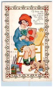 1925 Valentine Girl Painter Puppy Dog Embossed Akron Ohio OH Antique Postcard 