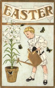 Easter Little Boy with Watering Can Waters Lily c1910 Vintage Postcard